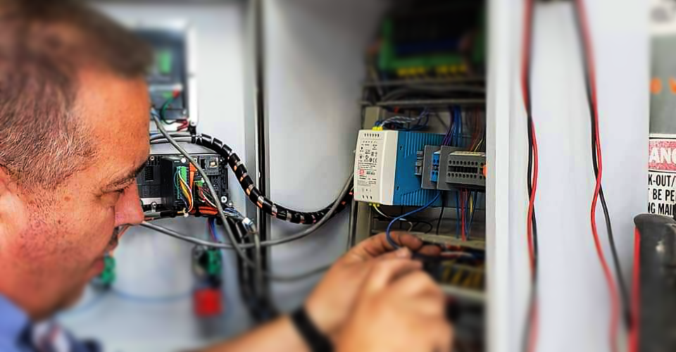 Technician working inside electronics enclosure